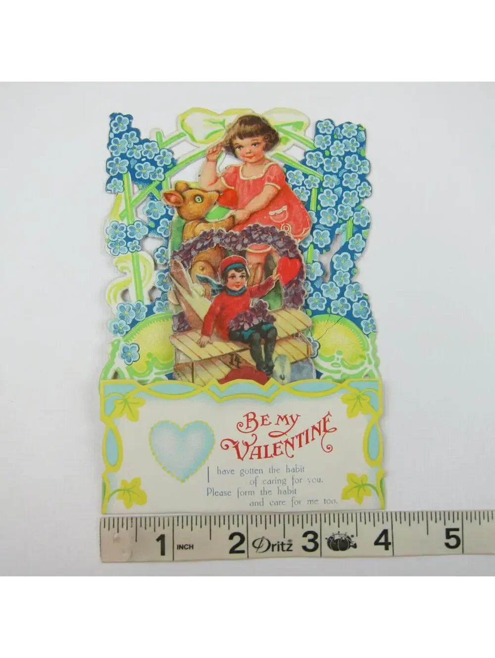 Vintage Valentine Honeycomb 3D Pop Up Die Cut Girl Pink Dress Boy Blue Flowers